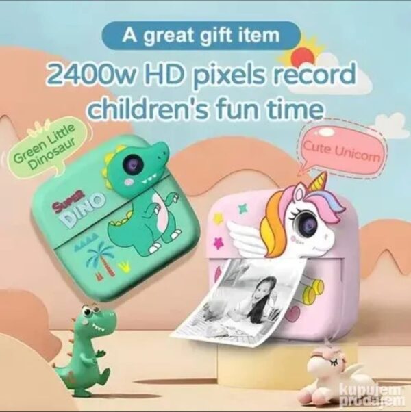 Dečiji digitalni fotoaparat sa štampačem Jednorog i Dino